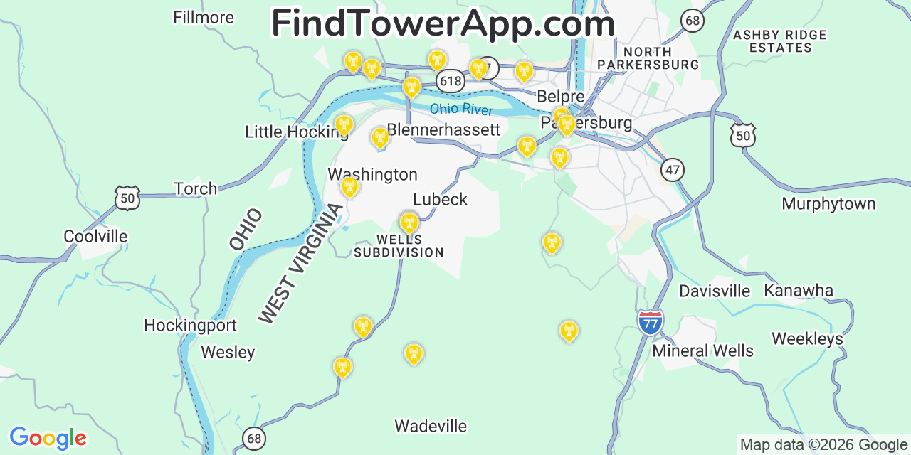 Map showing the 20 primary cell tower locations detected in Lubeck, West Virginia from AT&T, Verizon, and T-Mobile networks