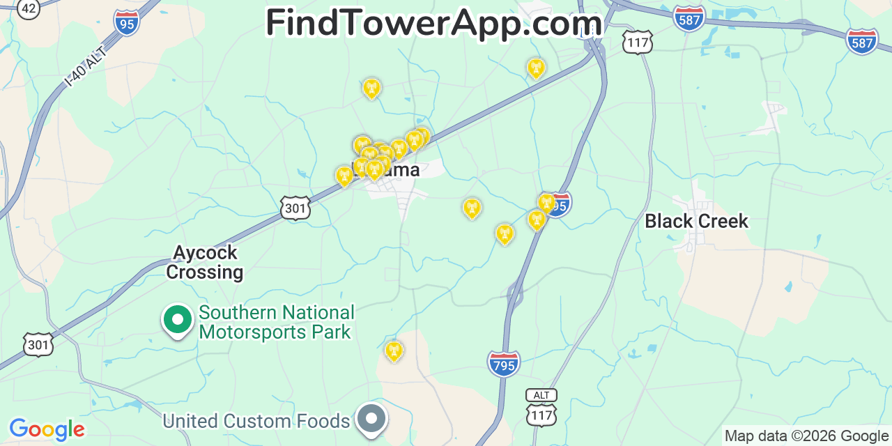 Map showing the 20 primary cell tower locations detected in Lucama, North Carolina from AT&T, Verizon, and T-Mobile networks