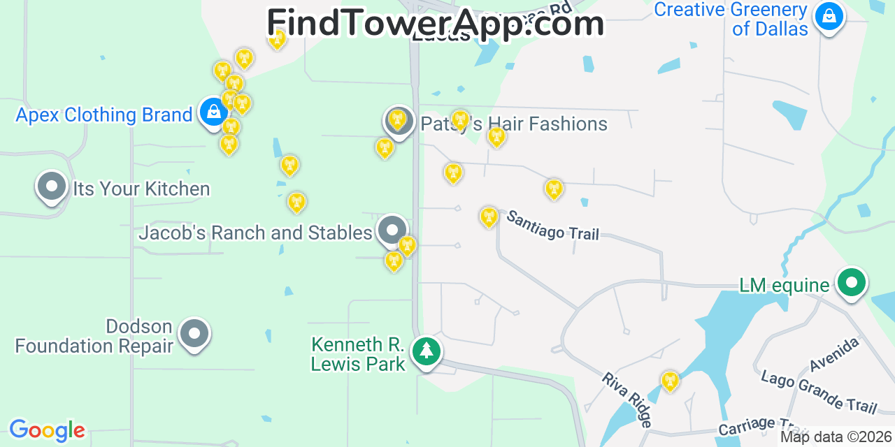 Map showing the 20 primary cell tower locations detected in Lucas, Texas from AT&T, Verizon, and T-Mobile networks