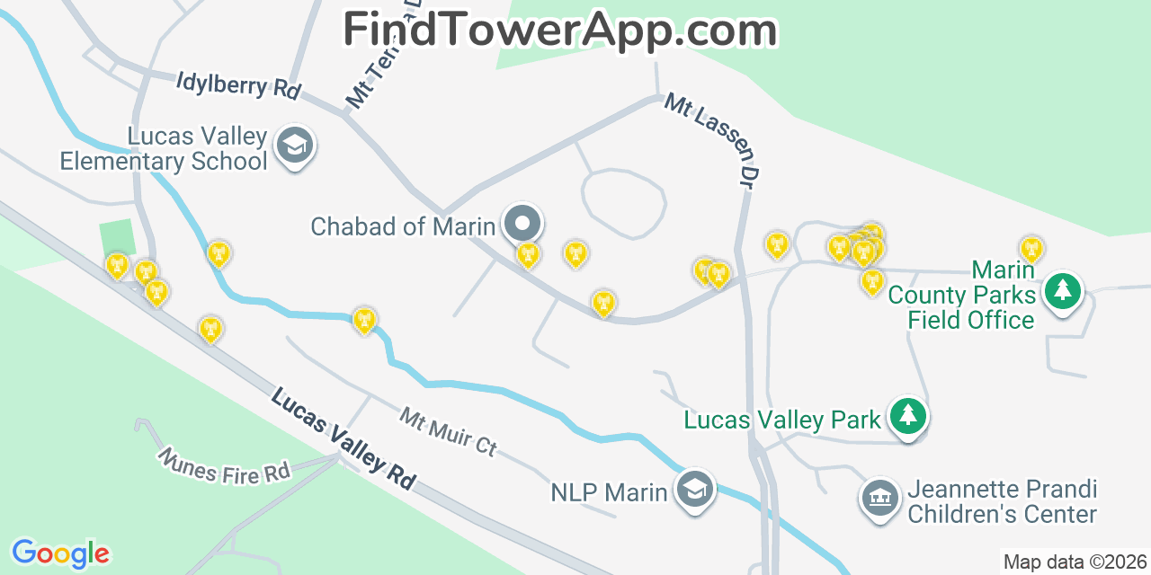 Map showing the 20 primary cell tower locations detected in Lucas Valley Marinwood, California from AT&T, Verizon, and T-Mobile networks