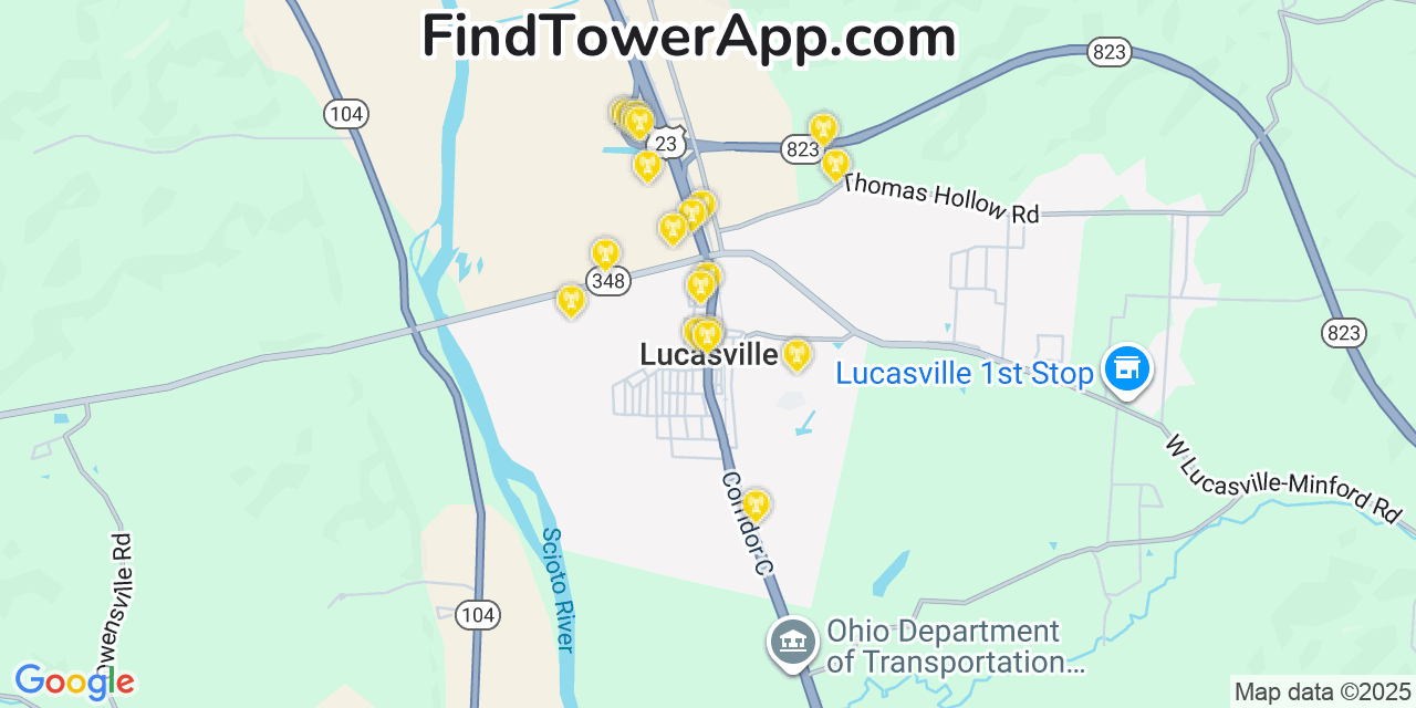 Map showing the 20 primary cell tower locations detected in Lucasville, Ohio from AT&T, Verizon, and T-Mobile networks