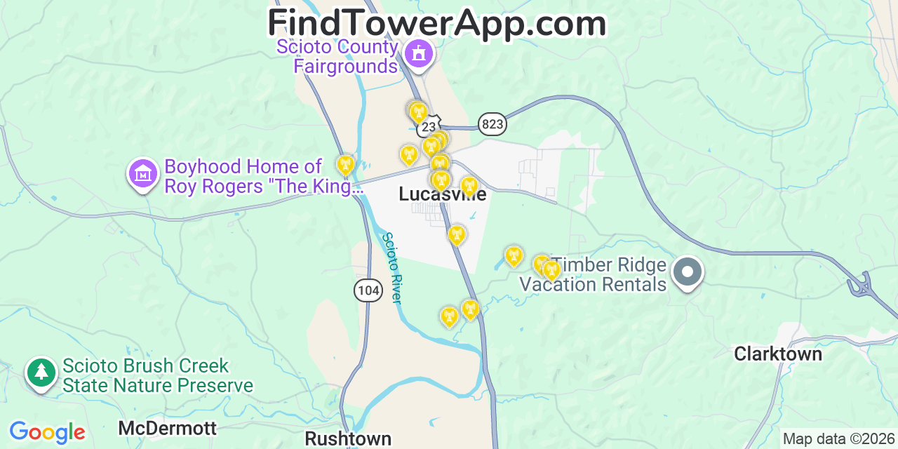 Map showing the 20 primary cell tower locations detected in Lucasville, Ohio from AT&T, Verizon, and T-Mobile networks