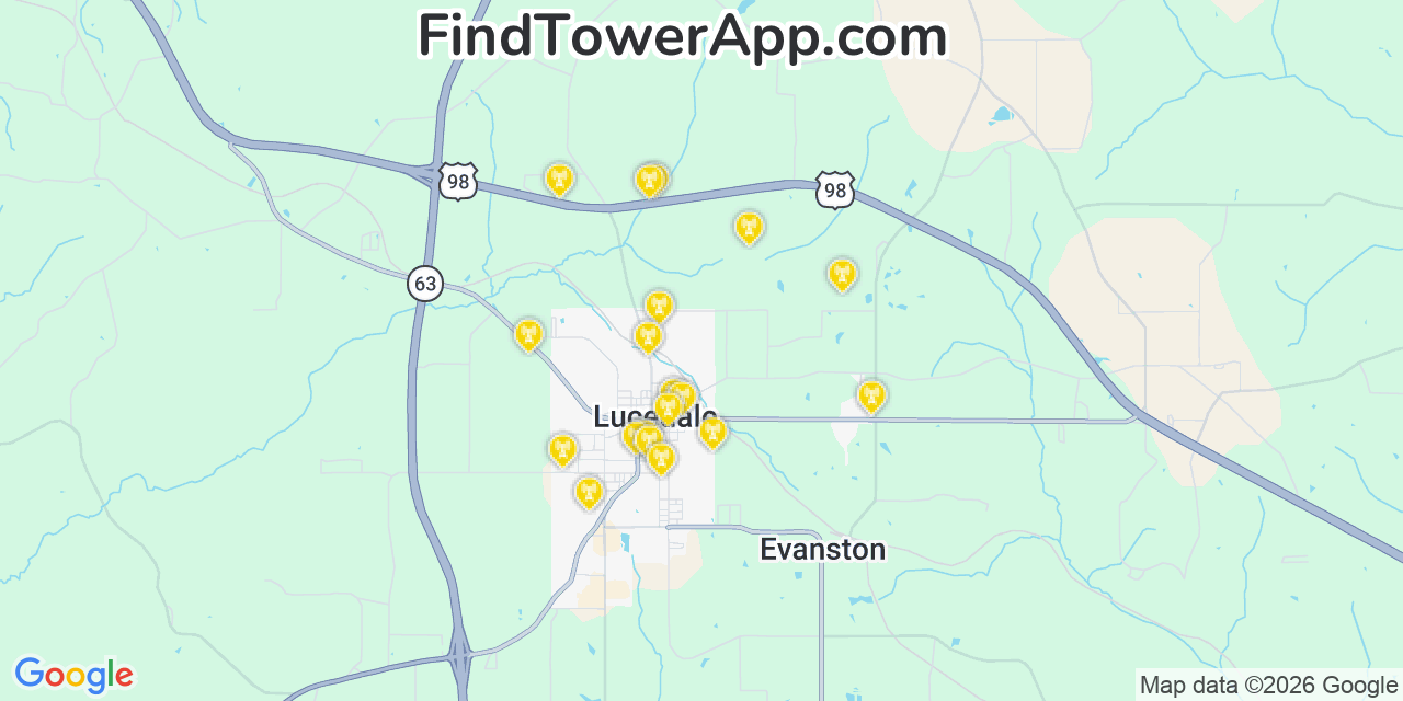 Map showing the 20 primary cell tower locations detected in Lucedale, Mississippi from AT&T, Verizon, and T-Mobile networks