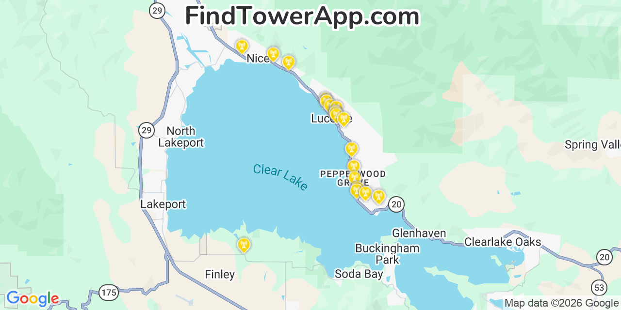 Map showing the 20 primary cell tower locations detected in Lucerne, California from AT&T, Verizon, and T-Mobile networks
