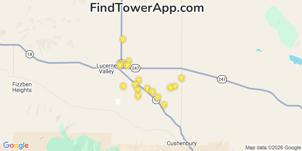 Map showing the 20 primary cell tower locations detected in Lucerne Valley, California from AT&T, Verizon, and T-Mobile networks