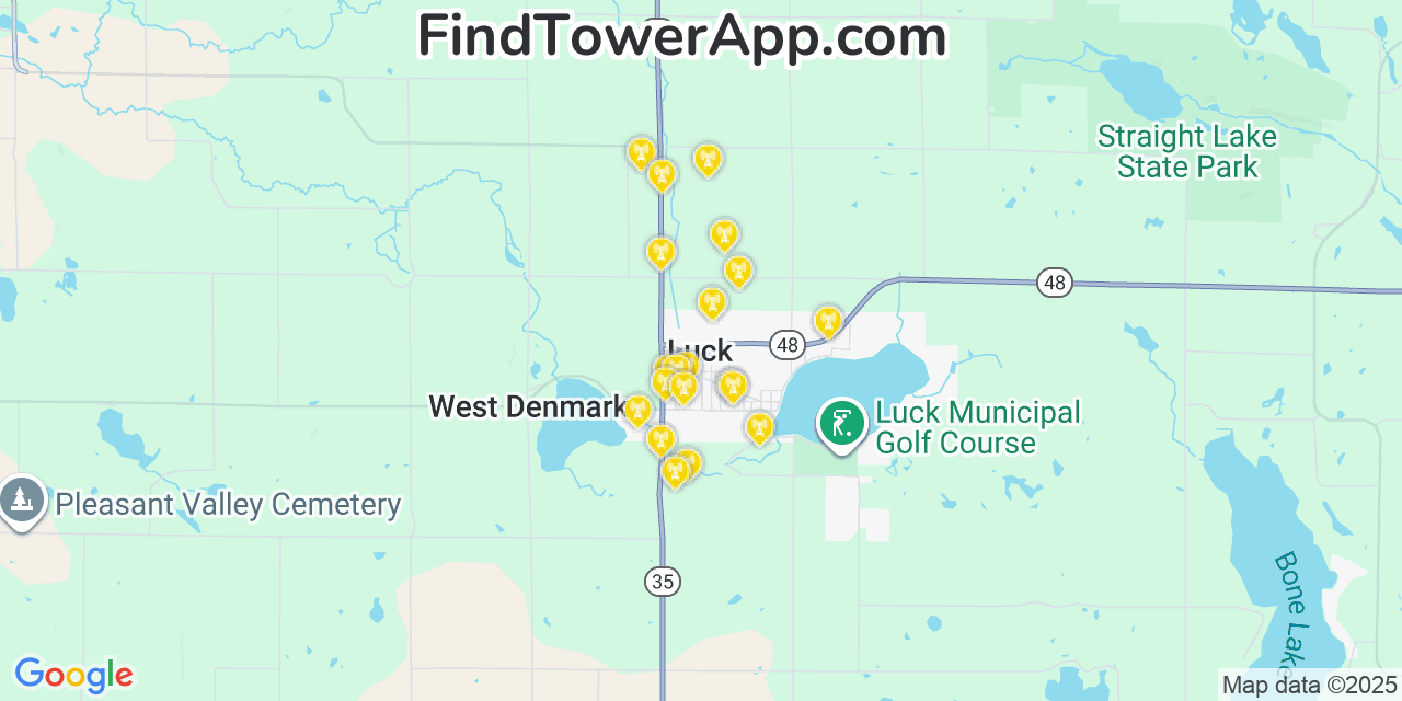 Map showing the 20 primary cell tower locations detected in Luck, Wisconsin from AT&T, Verizon, and T-Mobile networks