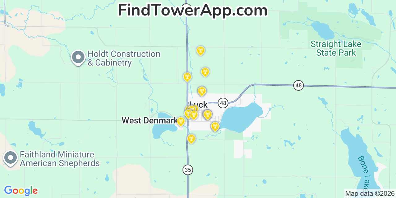 Map showing the 20 primary cell tower locations detected in Luck, Wisconsin from AT&T, Verizon, and T-Mobile networks