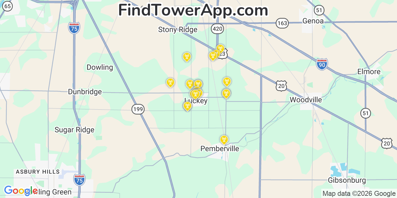 Map showing the 20 primary cell tower locations detected in Luckey, Ohio from AT&T, Verizon, and T-Mobile networks