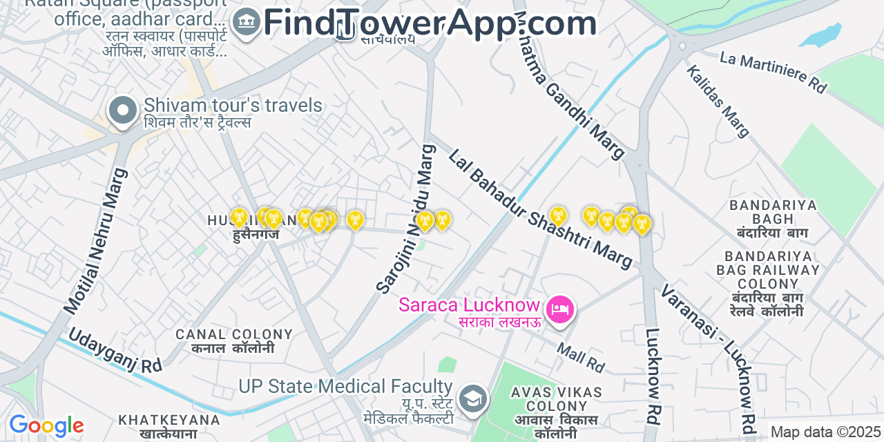 Map showing the 20 primary cell tower locations detected in Lucknow, India with coverage areas and signal strength