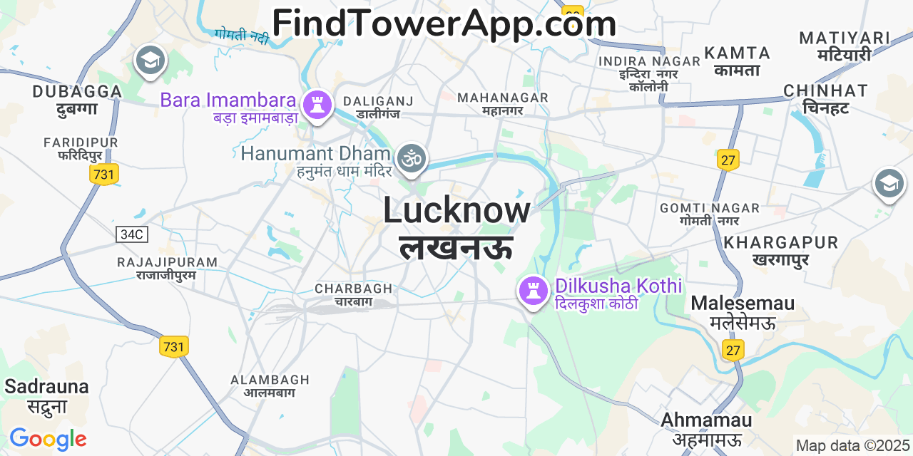 Map showing the 0 primary Rajasthan cell tower locations detected in Lucknow, India with coverage radius and signal strength indicators