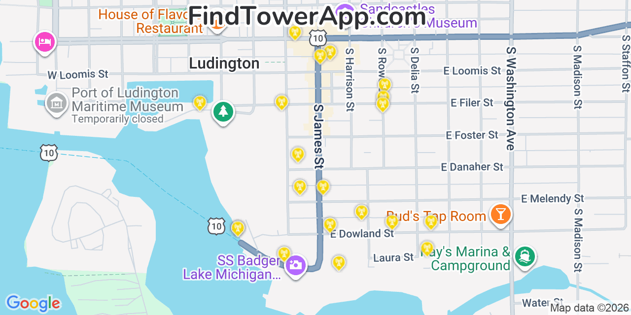 Map showing the 20 primary cell tower locations detected in Ludington, Michigan from AT&T, Verizon, and T-Mobile networks