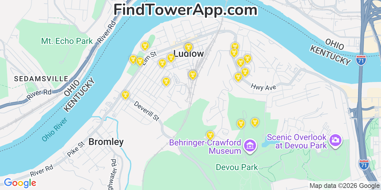 Map showing the 20 primary cell tower locations detected in Ludlow, Kentucky from AT&T, Verizon, and T-Mobile networks