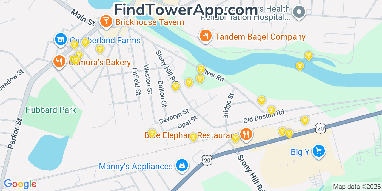 Map showing the 20 primary cell tower locations detected in Ludlow, Massachusetts from AT&T, Verizon, and T-Mobile networks