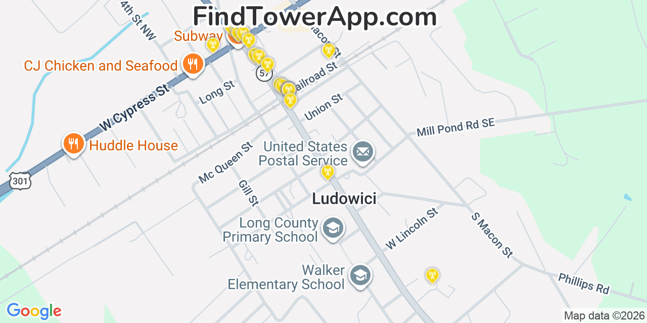Map showing the 20 primary cell tower locations detected in Ludowici, Georgia from AT&T, Verizon, and T-Mobile networks