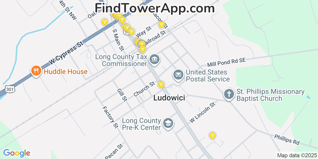 Map showing the 20 primary Mobitel cell tower locations detected in Ludowici, Georgia with coverage radius and signal strength indicators