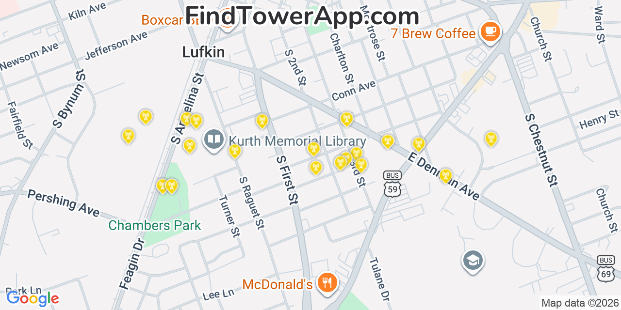Map showing the 20 primary cell tower locations detected in Lufkin, Texas from AT&T, Verizon, and T-Mobile networks