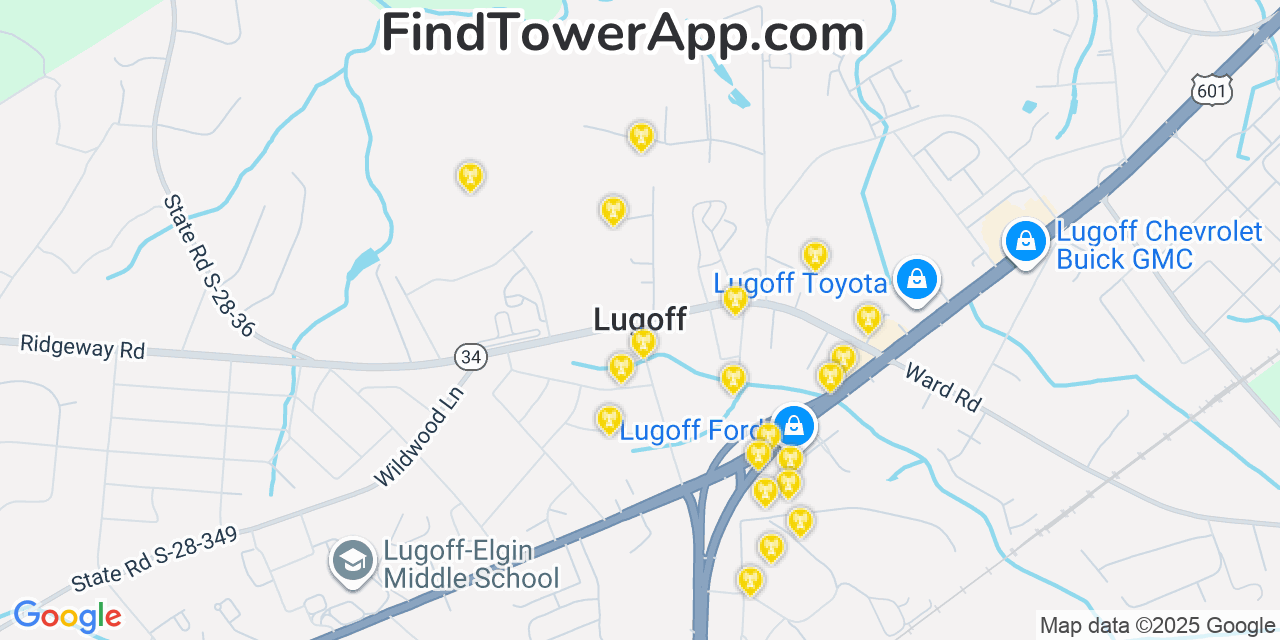 Map showing the 20 primary cell tower locations detected in Lugoff, South Carolina from AT&T, Verizon, and T-Mobile networks