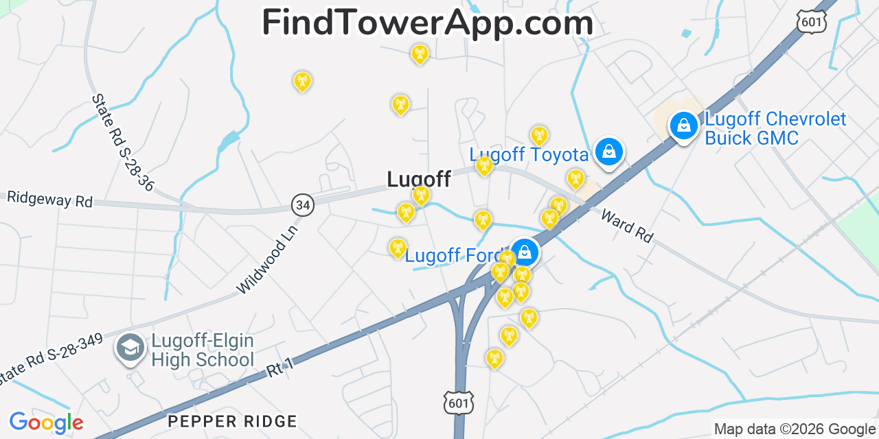 Map showing the 20 primary cell tower locations detected in Lugoff, South Carolina from AT&T, Verizon, and T-Mobile networks