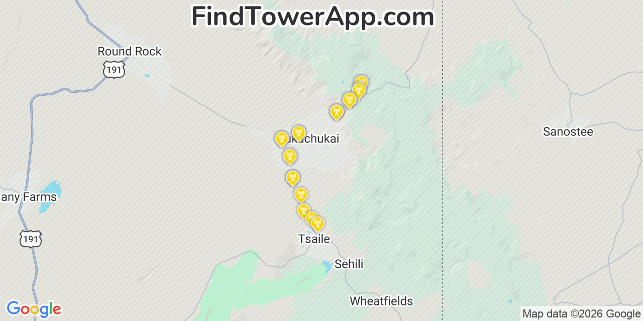 Map showing the 20 primary cell tower locations detected in Lukachukai, Arizona from AT&T, Verizon, and T-Mobile networks