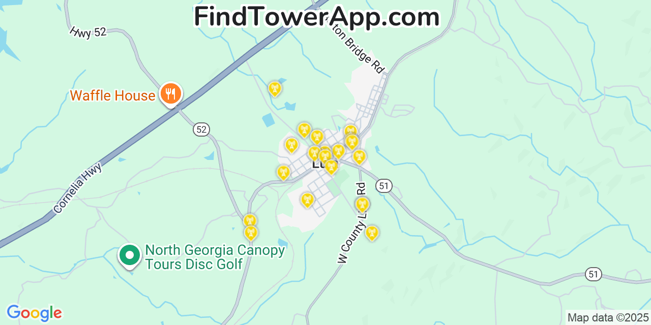 Map showing the 20 primary cell tower locations detected in Lula, Georgia from AT&T, Verizon, and T-Mobile networks
