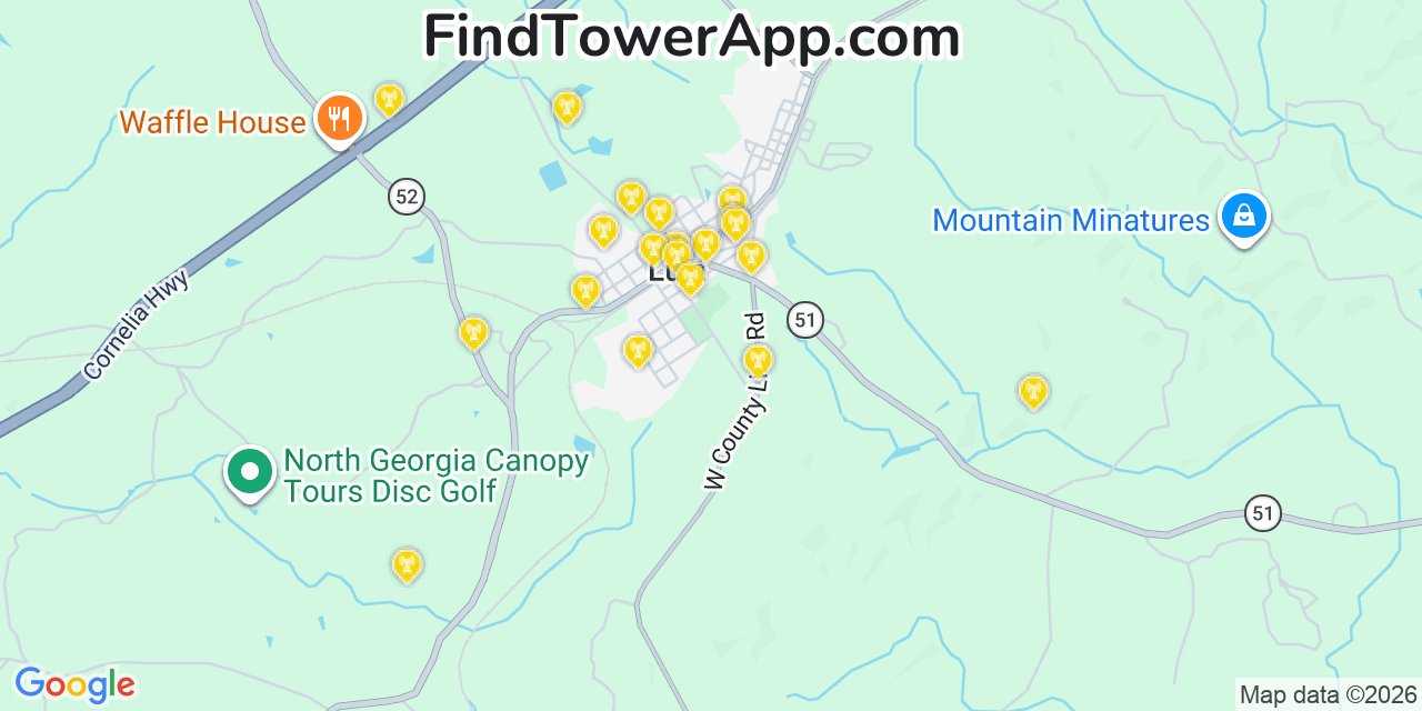 Map showing the 20 primary cell tower locations detected in Lula, Georgia from AT&T, Verizon, and T-Mobile networks