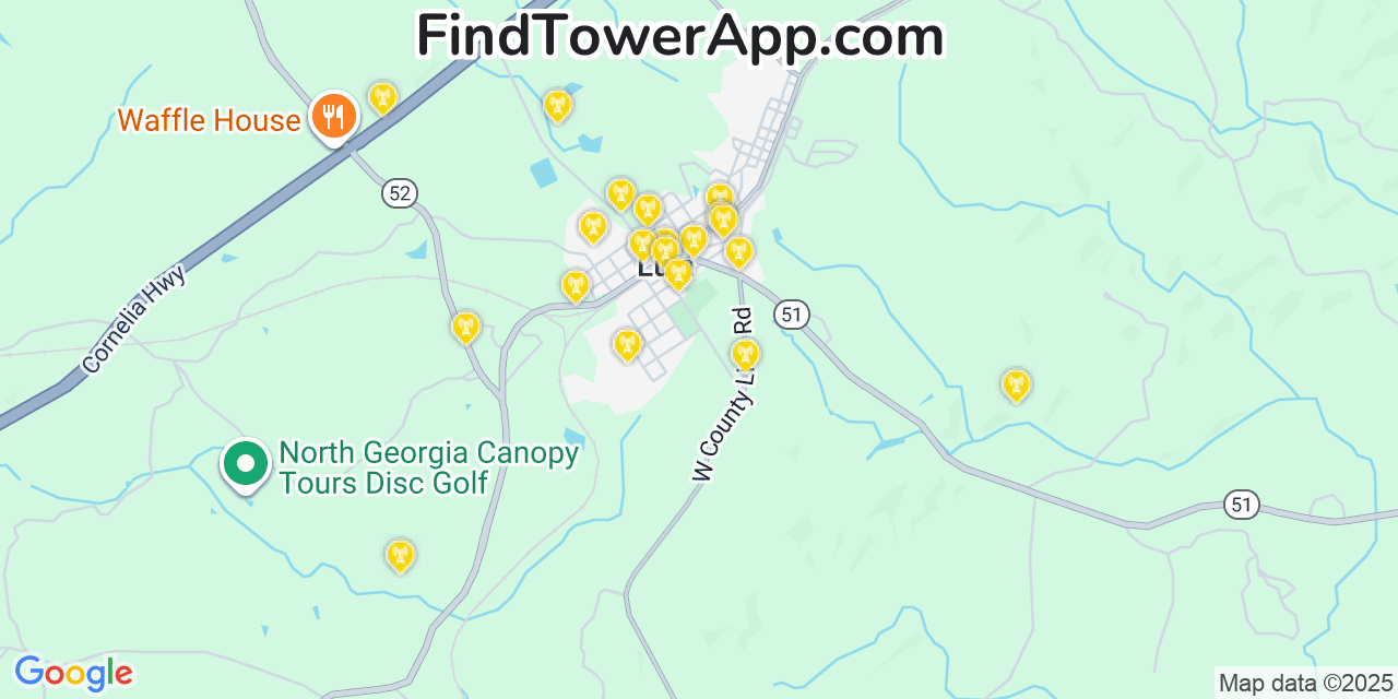 Map showing the 20 primary Mobitel cell tower locations detected in Lula, Georgia with coverage radius and signal strength indicators