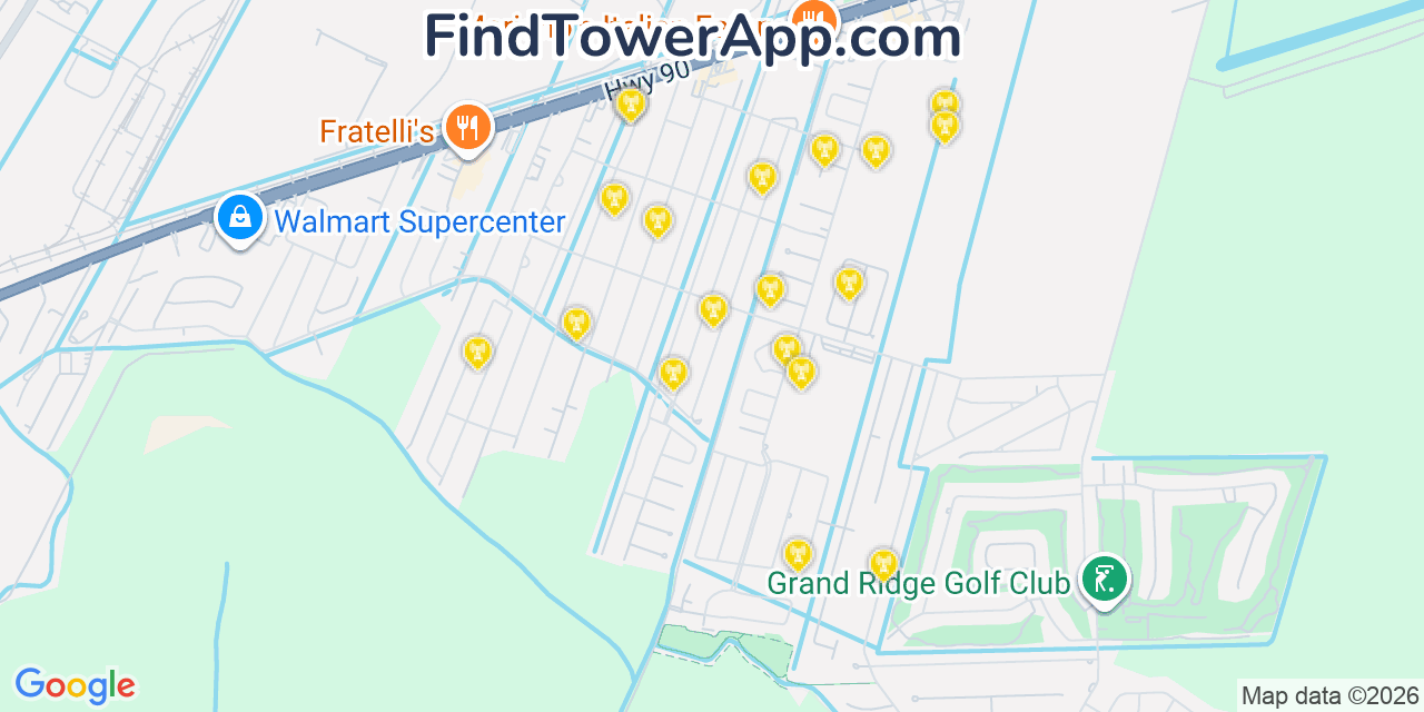 Map showing the 20 primary cell tower locations detected in Luling, Louisiana from AT&T, Verizon, and T-Mobile networks