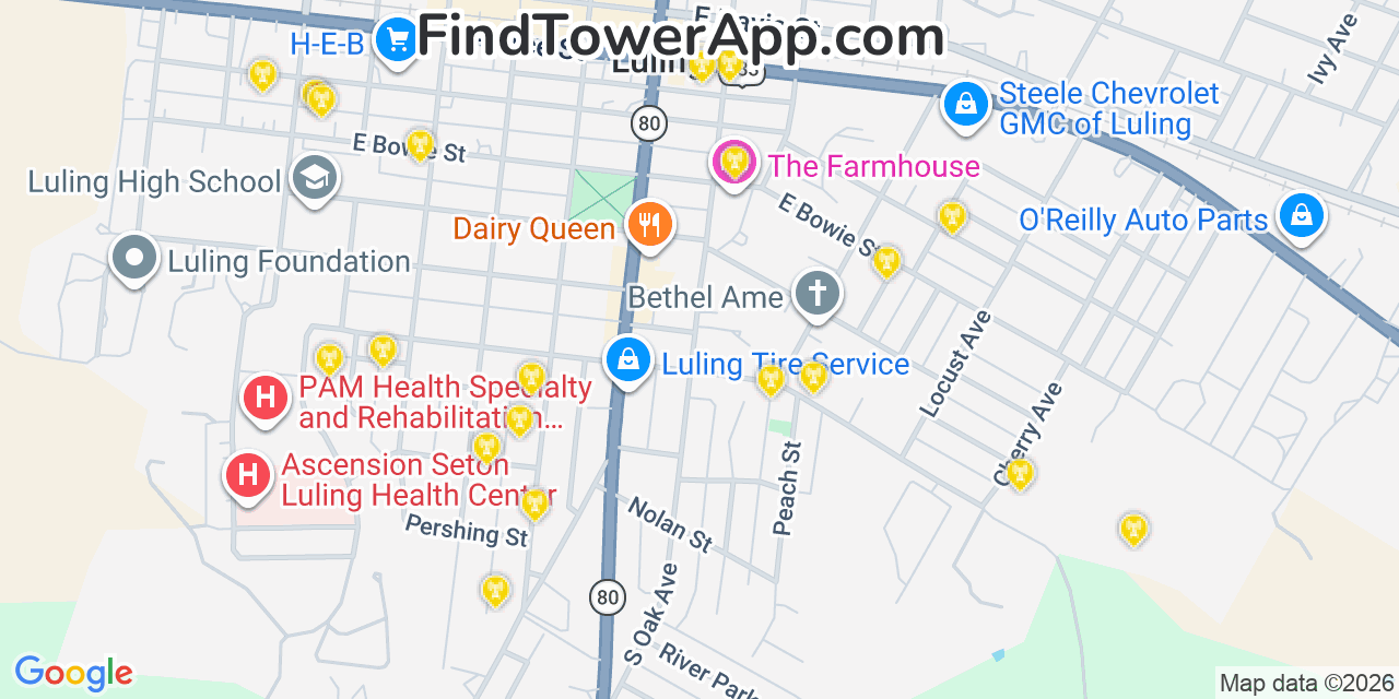 Map showing the 20 primary cell tower locations detected in Luling, Texas from AT&T, Verizon, and T-Mobile networks