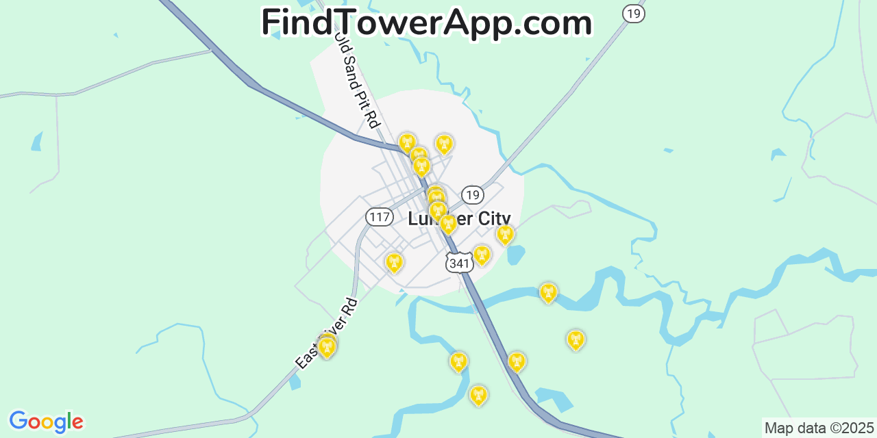 Map showing the 20 primary cell tower locations detected in Lumber City, Georgia from AT&T, Verizon, and T-Mobile networks