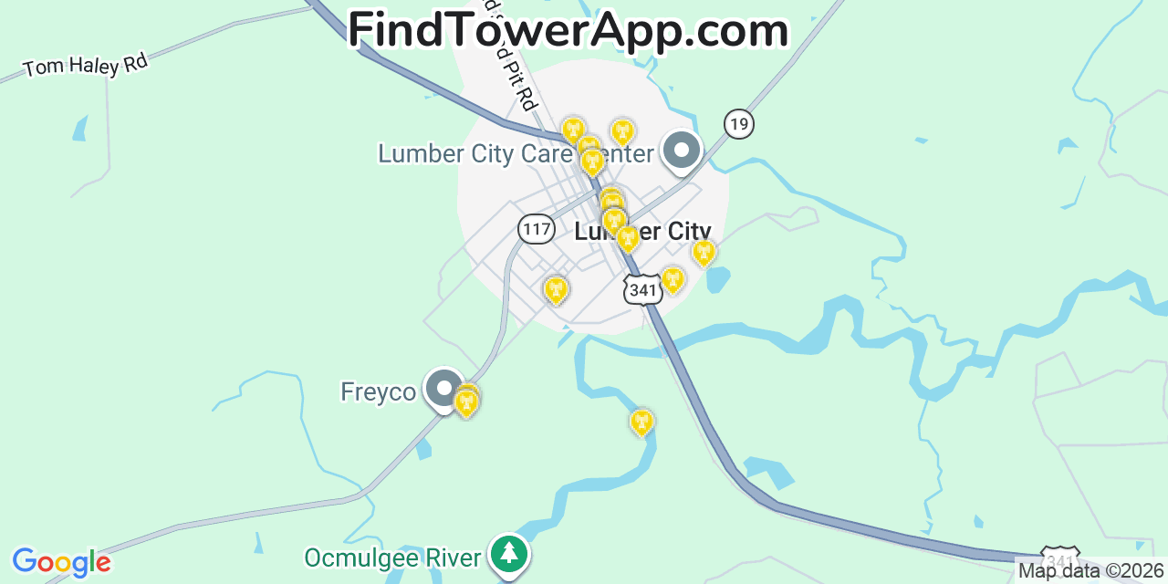 Map showing the 20 primary cell tower locations detected in Lumber City, Georgia from AT&T, Verizon, and T-Mobile networks