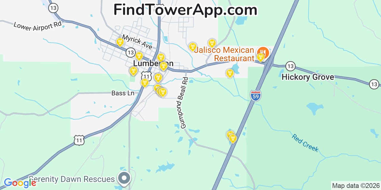 Map showing the 20 primary cell tower locations detected in Lumberton, Mississippi from AT&T, Verizon, and T-Mobile networks