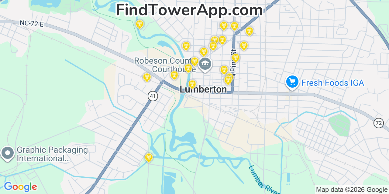 Map showing the 20 primary cell tower locations detected in Lumberton, North Carolina from AT&T, Verizon, and T-Mobile networks