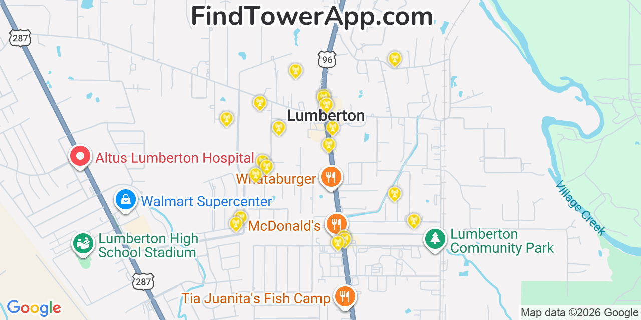 Map showing the 20 primary cell tower locations detected in Lumberton, Texas from AT&T, Verizon, and T-Mobile networks