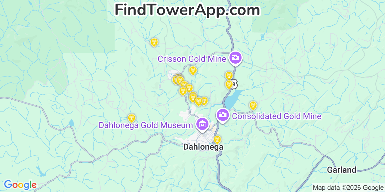 Map showing the 20 primary cell tower locations detected in Lumpkin, Georgia from AT&T, Verizon, and T-Mobile networks