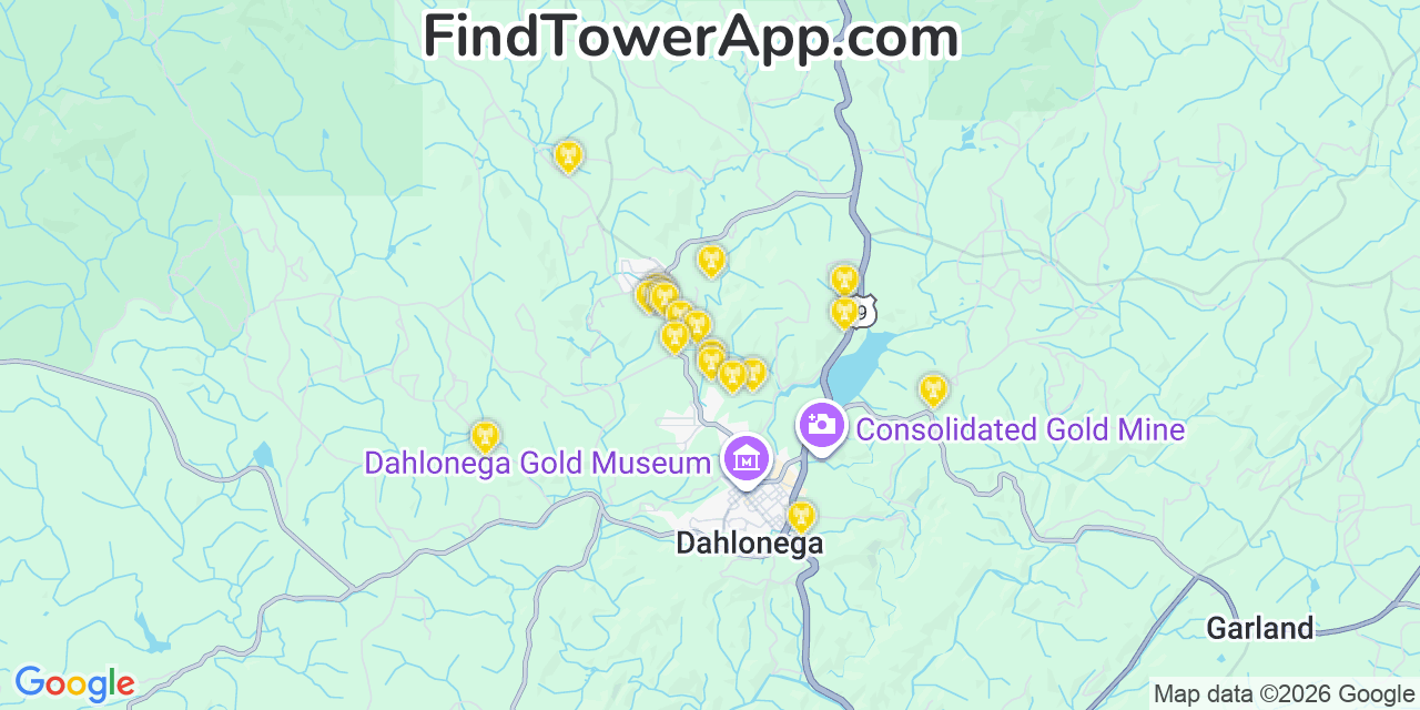 Map showing the 20 primary Mobitel cell tower locations detected in Lumpkin, Georgia with coverage radius and signal strength indicators