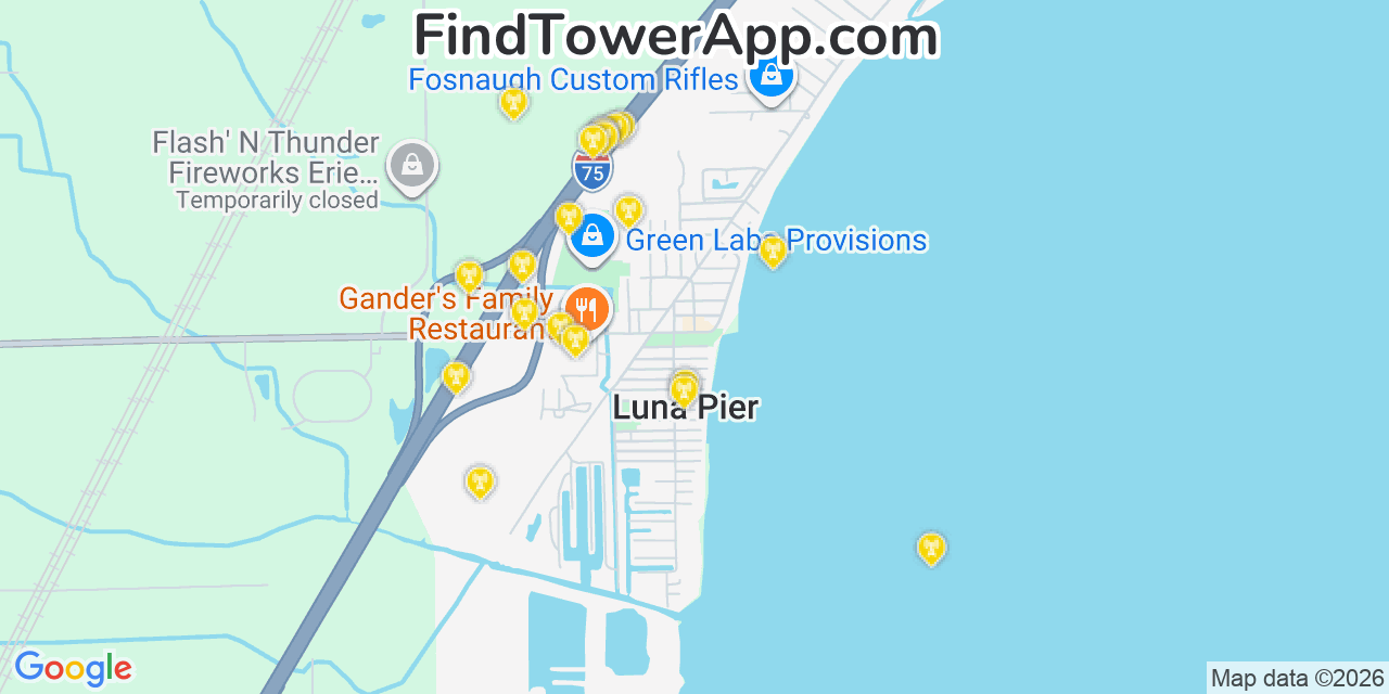 Map showing the 20 primary cell tower locations detected in Luna Pier, Michigan from AT&T, Verizon, and T-Mobile networks