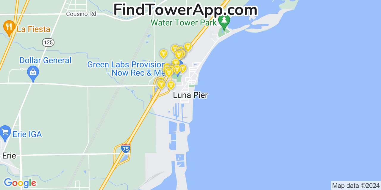 Verizon 4G/5G cell tower coverage map Luna Pier, Michigan