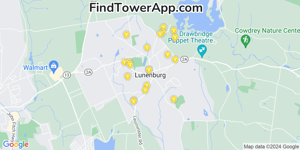 AT&T 4G/5G cell tower coverage map Lunenburg, Massachusetts