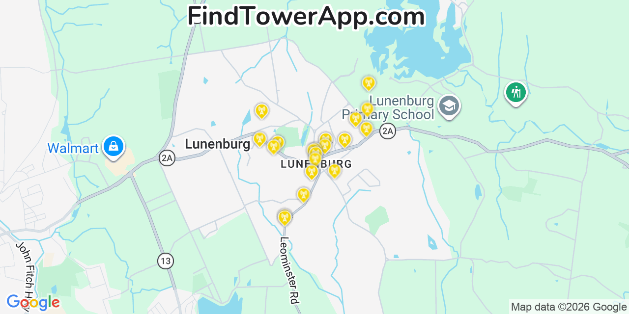 Map showing the 20 primary cell tower locations detected in Lunenburg, Massachusetts from AT&T, Verizon, and T-Mobile networks