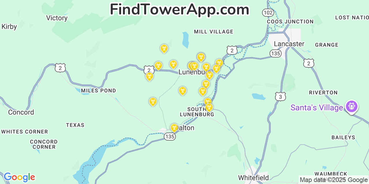 Map showing the 20 primary cell tower locations detected in Lunenburg, Vermont from AT&T, Verizon, and T-Mobile networks