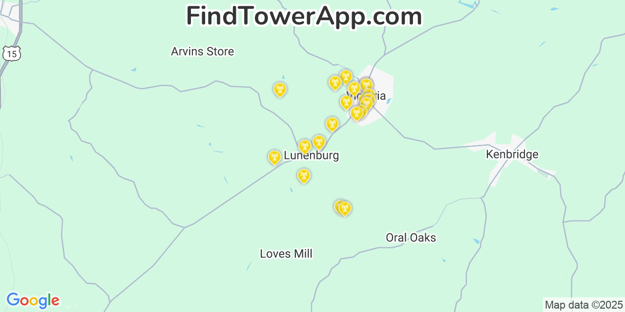Map showing the 20 primary cell tower locations detected in Lunenburg, Virginia from AT&T, Verizon, and T-Mobile networks