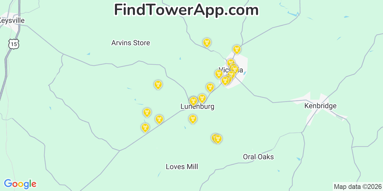 Map showing the 20 primary cell tower locations detected in Lunenburg, Virginia from AT&T, Verizon, and T-Mobile networks