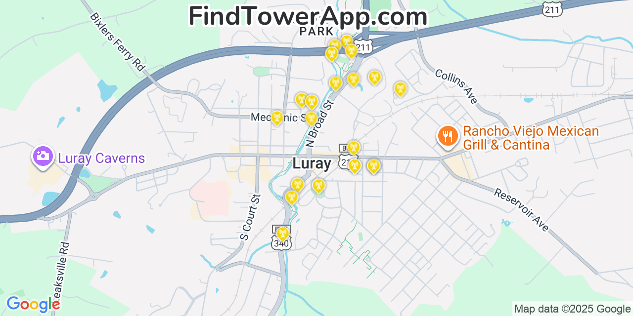 Map showing the 20 primary cell tower locations detected in Luray, Virginia from AT&T, Verizon, and T-Mobile networks