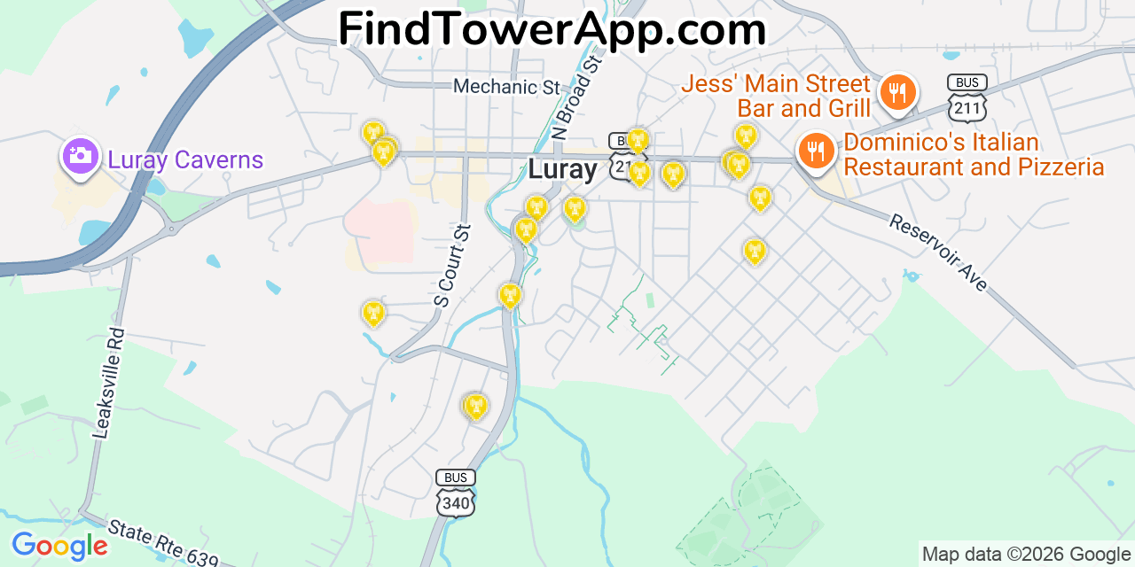 Map showing the 20 primary cell tower locations detected in Luray, Virginia from AT&T, Verizon, and T-Mobile networks