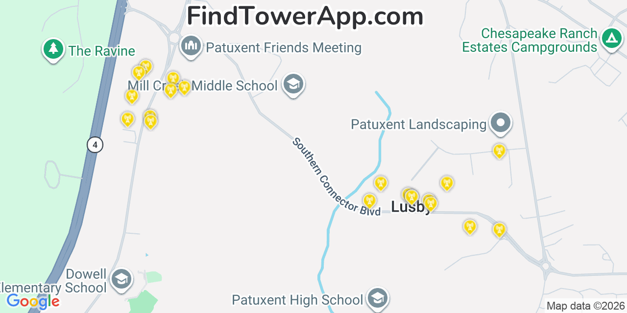 Map showing the 20 primary cell tower locations detected in Lusby, Maryland from AT&T, Verizon, and T-Mobile networks