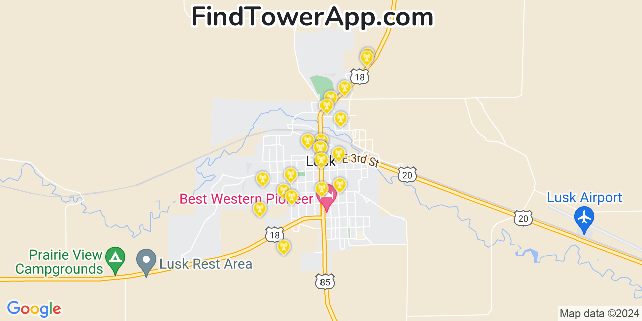 AT&T 4G/5G cell tower coverage map Lusk, Wyoming