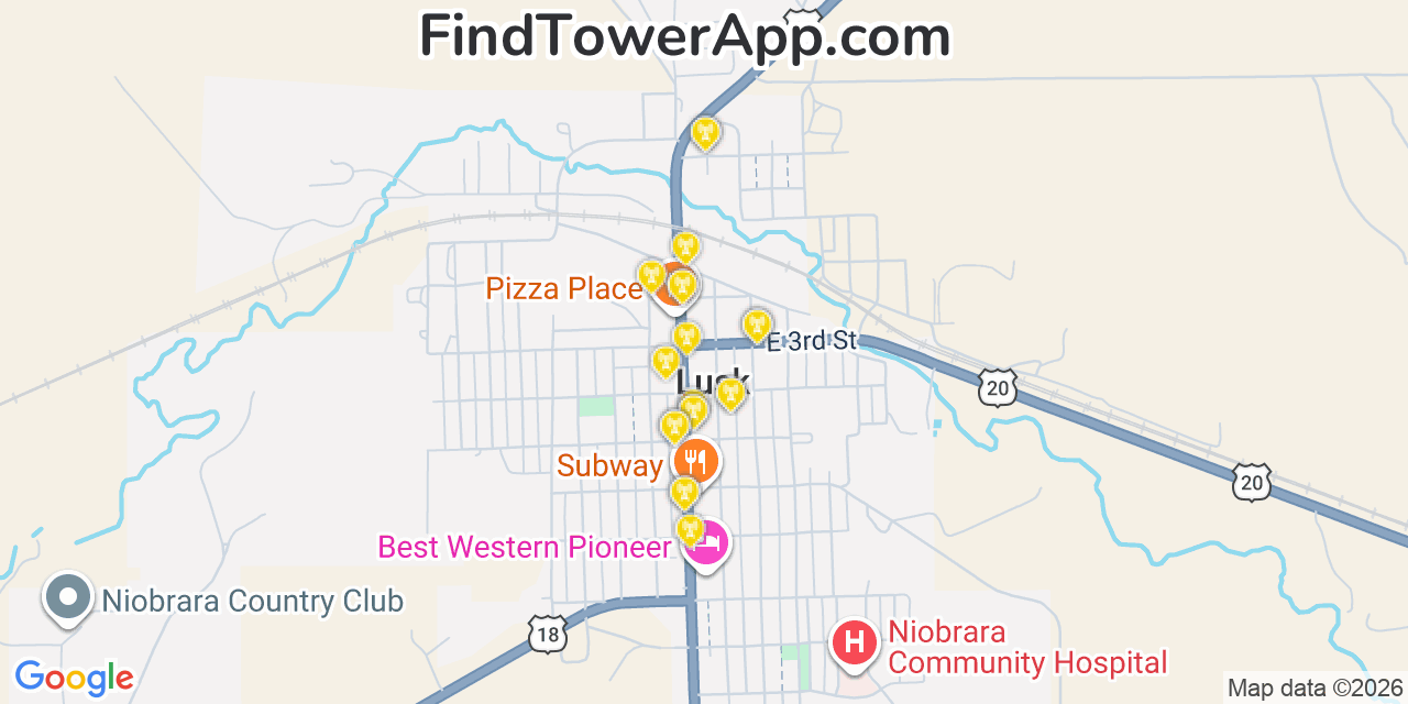 Map showing the 20 primary cell tower locations detected in Lusk, Wyoming from AT&T, Verizon, and T-Mobile networks