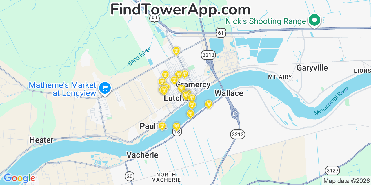 Map showing the 20 primary cell tower locations detected in Lutcher, Louisiana from AT&T, Verizon, and T-Mobile networks