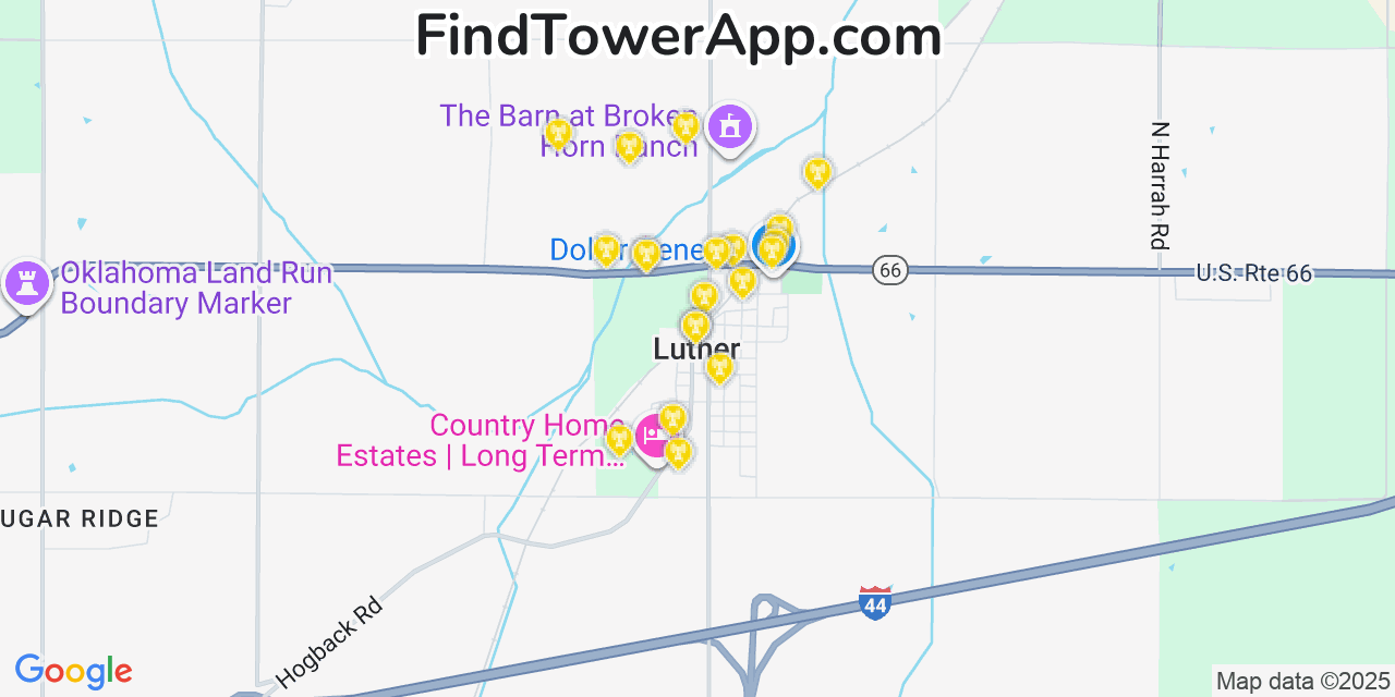 Map showing the 20 primary cell tower locations detected in Luther, Oklahoma from AT&T, Verizon, and T-Mobile networks