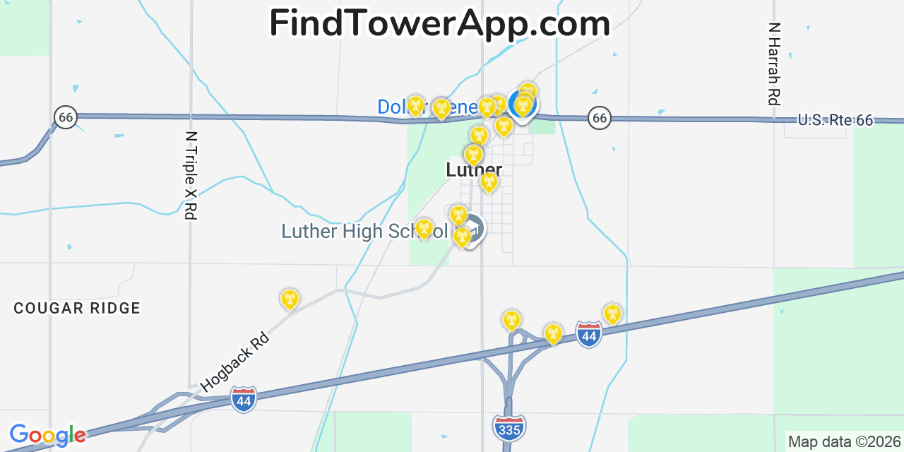 Map showing the 20 primary cell tower locations detected in Luther, Oklahoma from AT&T, Verizon, and T-Mobile networks